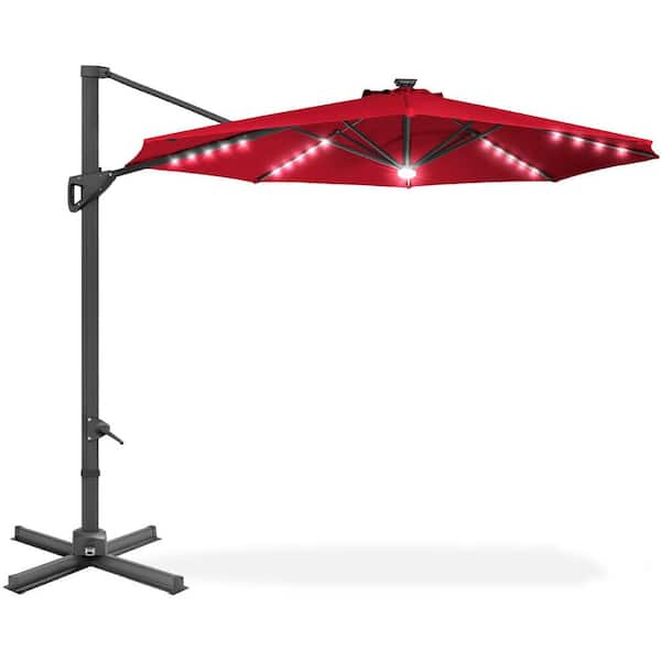 10 ft. Aluminum Cantilever Solar Tilt Patio Umbrella in Red