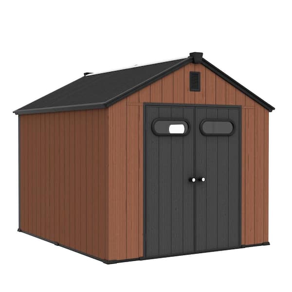 All-Weather 8 ft. x 10 ft. Resin Outdoor Garden Storage Shed Tool Shed w/ Windows and Floor (80 sq. ft. ) in Brown