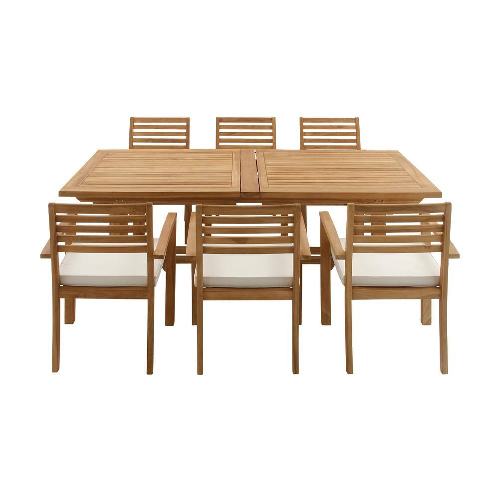 Brown Teak 7-Piece Outdoor Dining Set with White Cushions