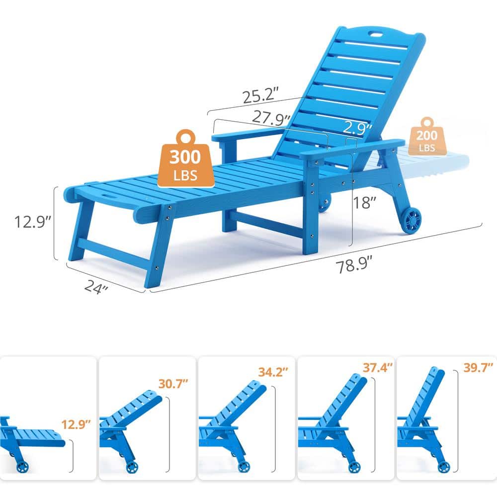 Blue Adjustable Plastic Outdoor Chaise Lounge with Arms
