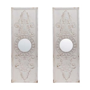 17 in. W x 48 in. H Set of 2 Large Wooden Wall Art Panels with Distressed White Finish and Round Mirror Accents