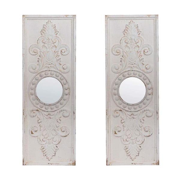 Unbranded 17 in. W x 48 in. H Set of 2 Large Wooden Wall Art Panels with Distressed White Finish and Round Mirror Accents