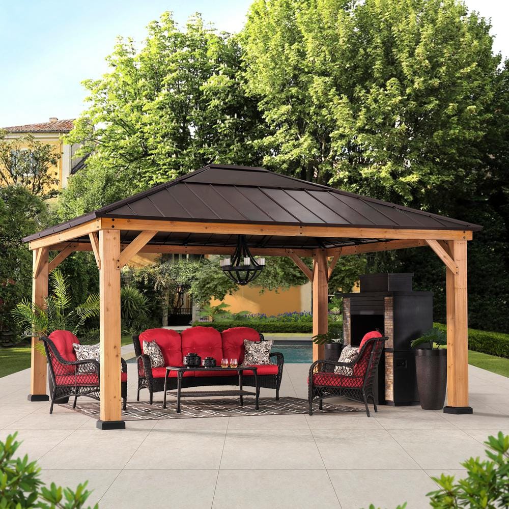 Sunjoy Macie Outdoor Patio 13 Ft X 15 Ft Brown Wooden Frame Backyard Hardtop Gazebo With 1194