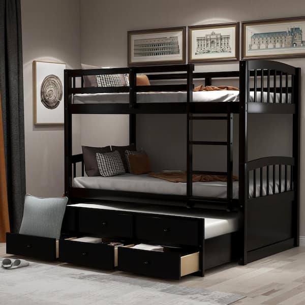 Polibi Twin Bunk Bed with Ladder, Safety Rail, Twin Trundle Bed with 3 Drawers for Teens Bedroom (Espresso)