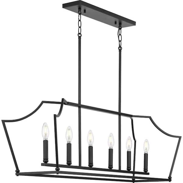 Progress Lighting Parkhurst 6-Light Matte Black Linear Chandelier New Traditional 42 in. Chandelier with Clear Glass Shades