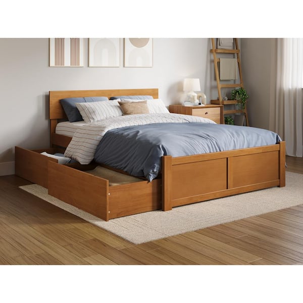 AFI Orlando Light Toffee Natural Bronze Solid Wood Frame Full Platform Bed with Footboard and Storage Drawers