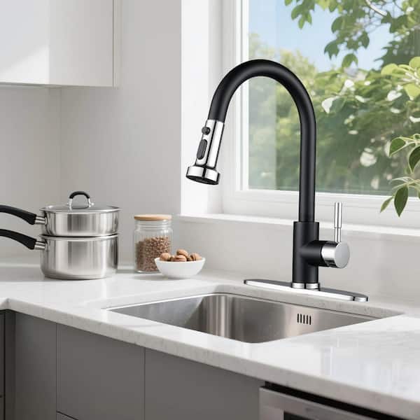 3-Mode Single Handle Pull Down Sprayer Kitchen Faucet with Deckplate in Chrome and Black