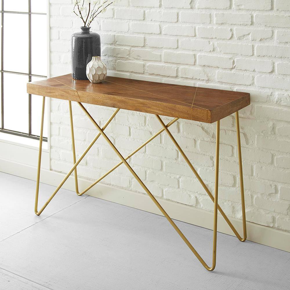 Walter Warm Pine and Brass Industrial Sofa Table