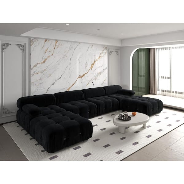 138.6 in. W Square Arm Velvet U Shaped Modular Free Combination Sofa with Ottoman in Black