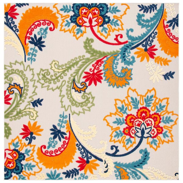 Cabana Ivory/Blue 3 ft. x 3 ft. Floral Scroll Square Indoor/Outdoor Area Rug