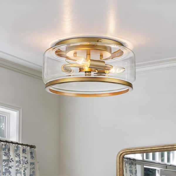 11.8 in. 3-Light Drum Brushed Gold Flush Mount with Glass Shade for Kitchen Foyer Living Room