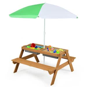 3-in-1 Kids Wood Rectangle Outdoor Picnic Table Water Sand Table with Umbrella Play Boxes