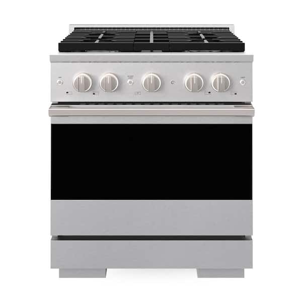 30 in. 4.2 cu. ft. Marino Dual Fuel Freestanding Range with Gas Cooktop and 4 Brass Burners in Satin Stainless Steel