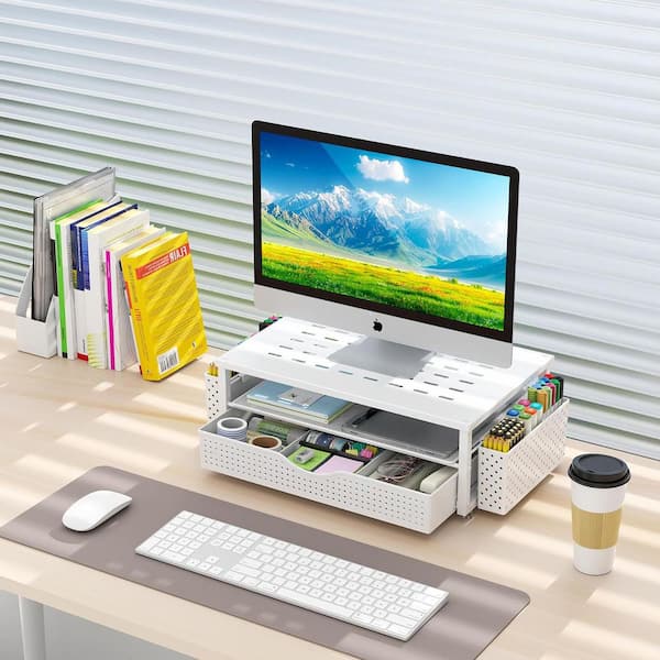 White 14 in. x 6 in. Metal Modern Desk Organizer Stand with Drawer and 2 Pen Holders