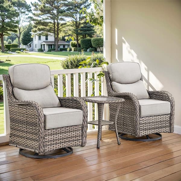 Opohoro Arcadia Gray 3-Piece Wicker Swivel Rocker Patio Conversation Set with 6 in. Thick Beige Cushions and Side Table