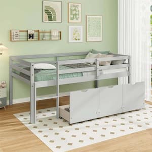 Gray Twin Size Low Loft Bed with 3-Drawers Ladder and Full-Length Guardrails Storage