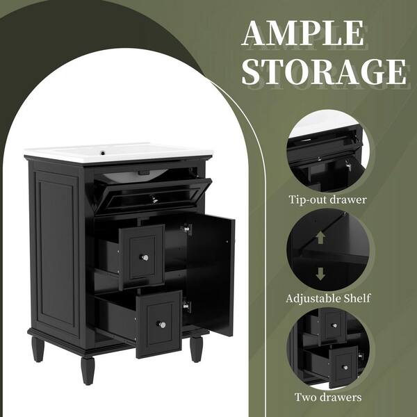 Ziyudura 24 in. Single Sink Freestanding Black Bath Vanity with