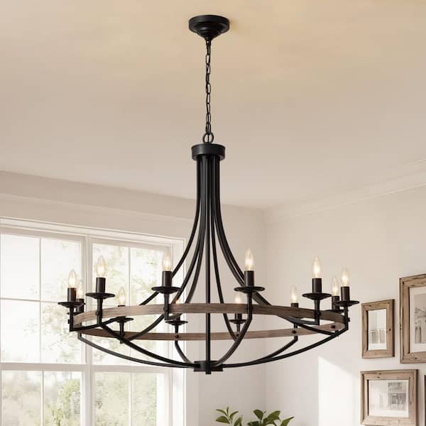WDETR 12-Light Wood Color Candle Style Dimmable Wagon Wheel Chandelier for Dining Room and Living Room