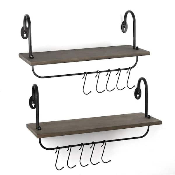 Unbranded 17 in. W x 5.9 in. D Weathered Grey Floating Shelves with 10 Adjustable Hooks Decorative Wall Shelf Set of 2