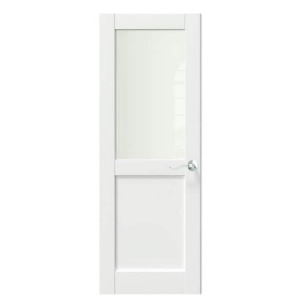 28 in. x 80 in. Solid Wood & MDF, Primed, White, 1/2 Lite, Frosted Glass Interior Door Slab With Silver Curved Doorknob