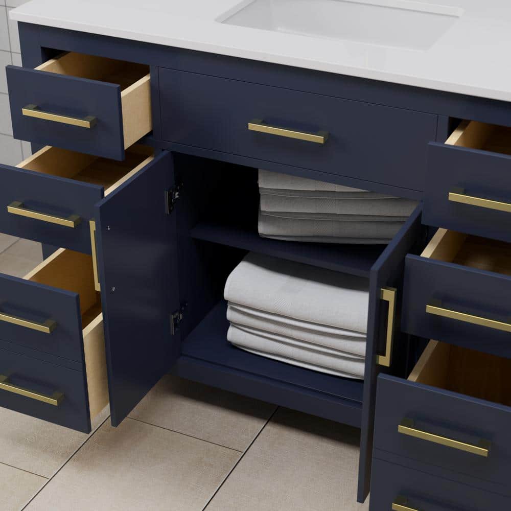 Beckett 48" Dark Blue Vanity with White Marble Top and Gold Hardware
