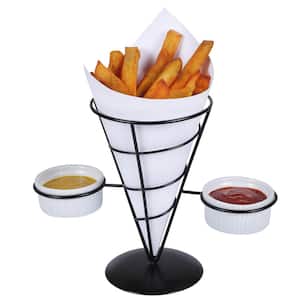Black Iron Wire French Fry Holder Set with Single Cone Holder, 2-Ceramic Ramekins for Dipping Sauce