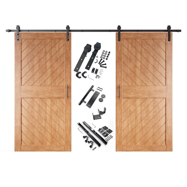 HOMACER XT3 32 in. x 84 in. C-Panel Early American Slanted Stripe Design Double Pine Wood Sliding Barn Door with Hardware Kit
