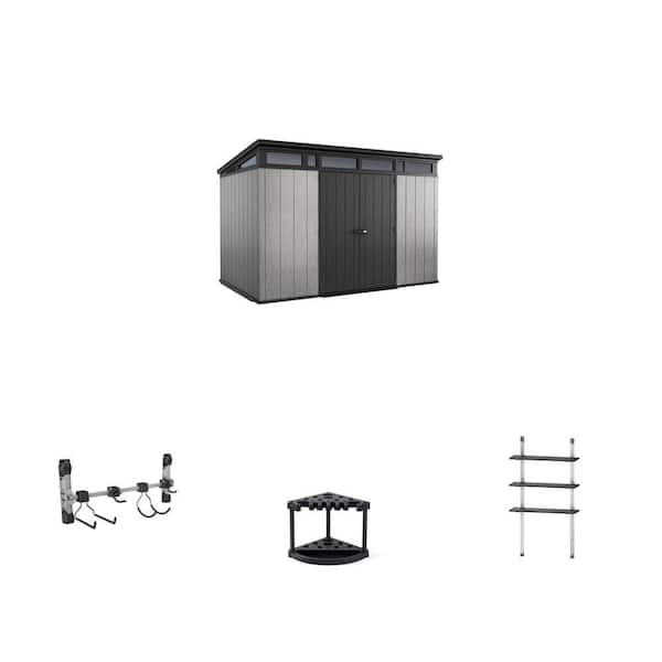 Artisan 11 ft. x 7 ft. Resin Shed, Black Shed Hook, 22 in. Tool Rack and 12 in. Adjustable Shelve Kit Combo
