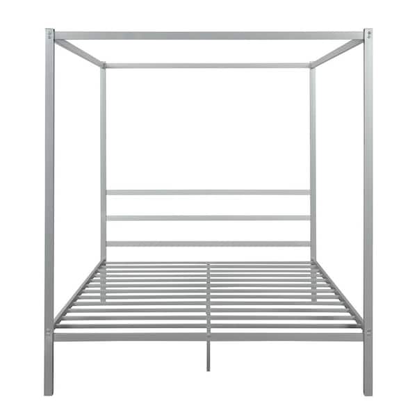 ANBAZAR Queen Size Silver Canopy Platform Bed with Built in. Headboard, Four-Post Metal Canopy Bed Frame