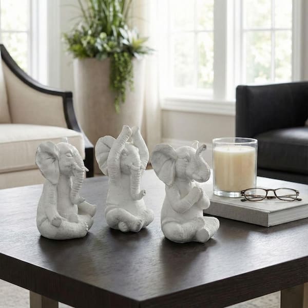 White 6 in. x 8 in Resin Yoga Elephant Set of 3 Figurine
