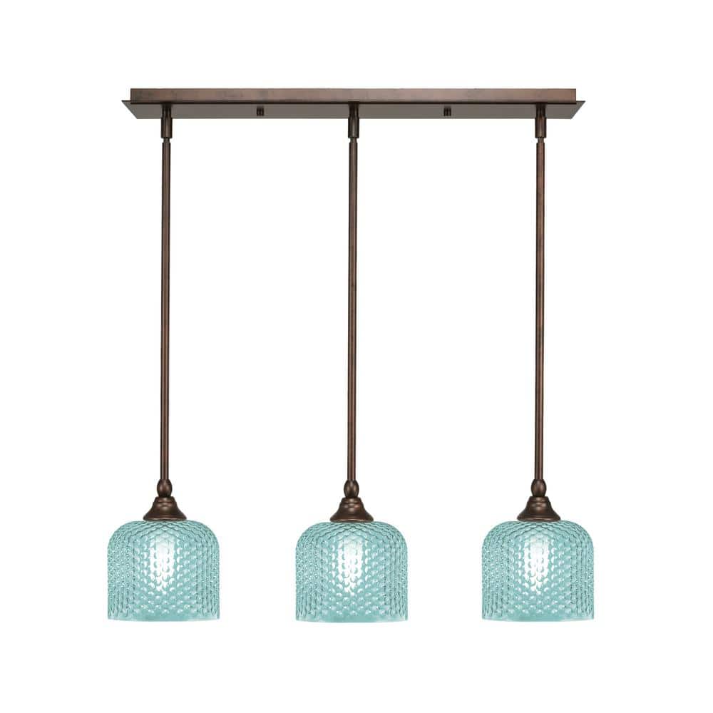Livingston 100-Watt 3-Light Bronze Shaded Pendant Light with 6 in. Turquois