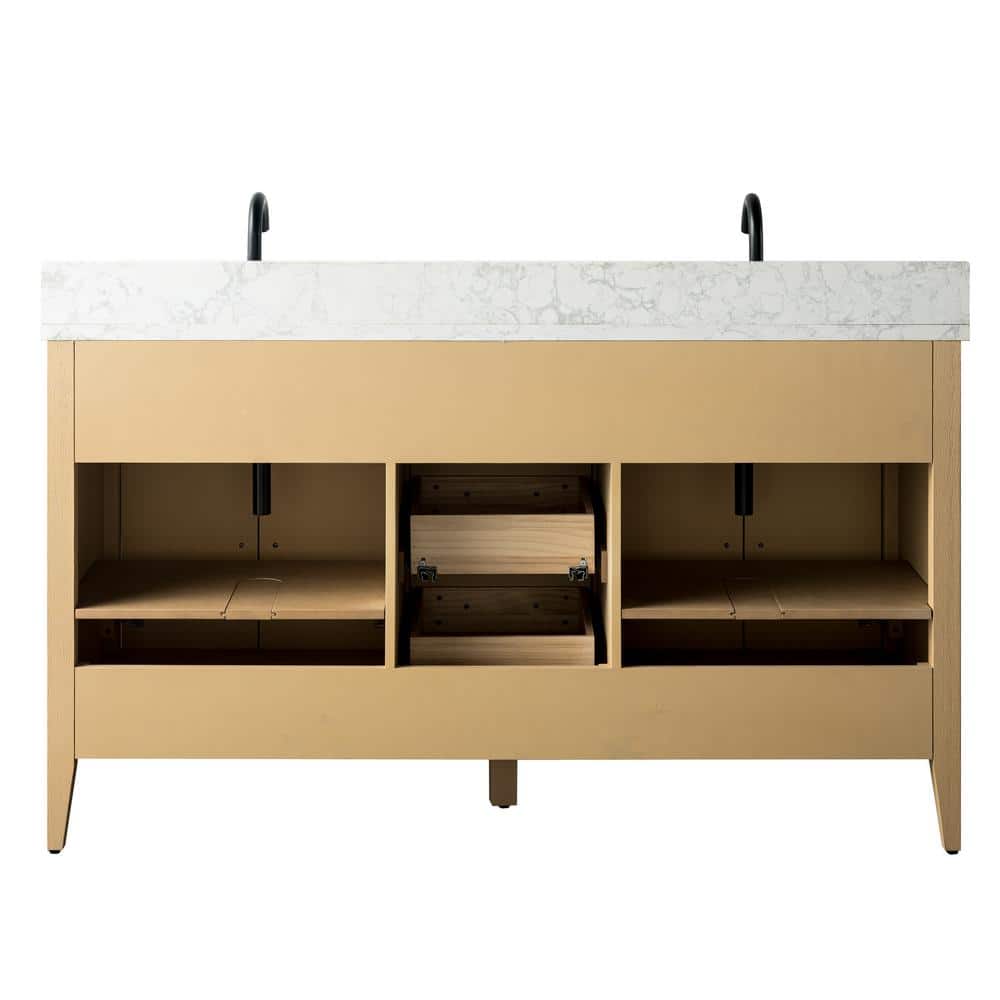60" Natural Oak Double Sink Bathroom Vanity with Marble Top