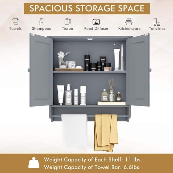 Wall Mounted Bathroom Storage Medicine Cabinet with Towel Bar-Gray | Costway