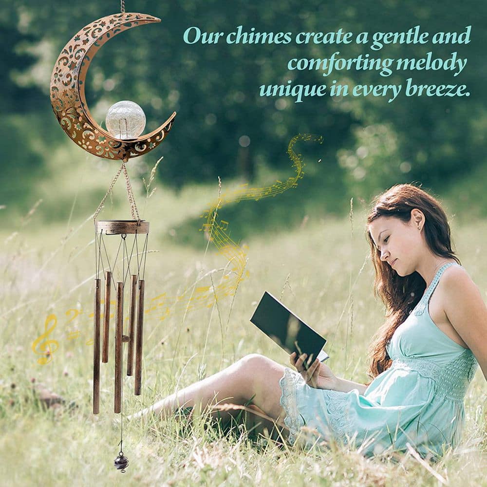 Large Brass Moon Solar Wind Chimes with LED Lights