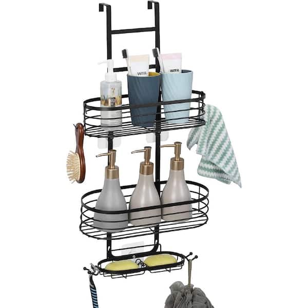 Oumilen Over-The-Door Shower Caddy Organizer, Shower Storage Rack Shelf with Hooks and Soap Holder in Black