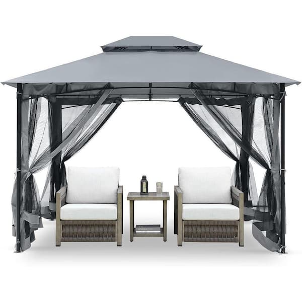 Gray 10 ft. x 12 ft. Steel Frame Outdoor Patio Gazebo Party Tent Event Canopy with Double Roofs and Mosquito Netting