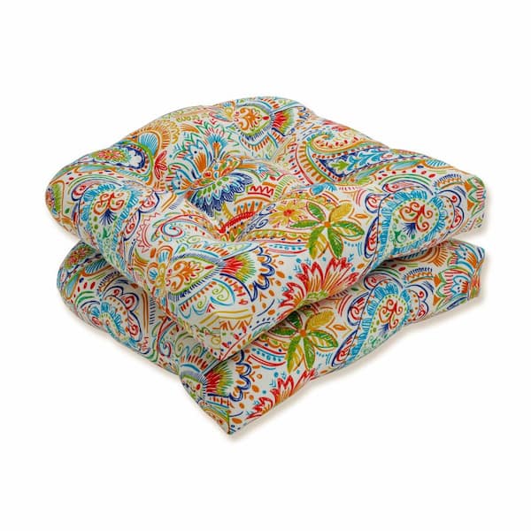 Pillow Perfect Paisley 19 in. x 19 in. 2-Piece Outdoor Dining Chair Cushion Blue/Green Gilford