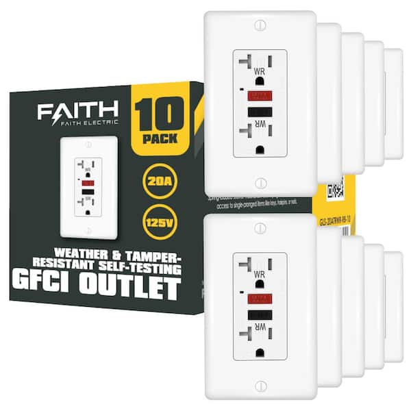 Faith 20 Amp 125-Volt Outdoor GFCI Duplex Outlet, Weather and Tamper-Resistant GFI Receptacles w/ Wall Plate, White (10-Pack)