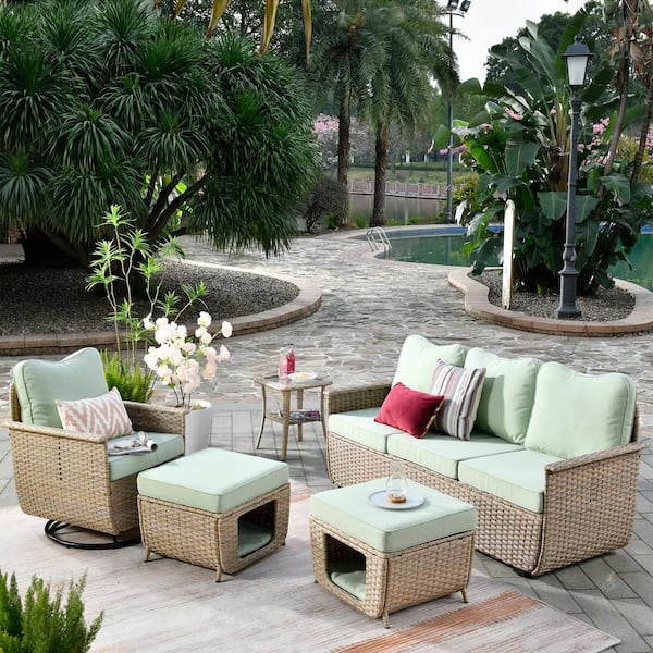 XIZZI Aphrodite 5-Piece Wicker Patio Conversation Seating Sofa Set with Light Green Cushions and Swivel Rocking Chairs