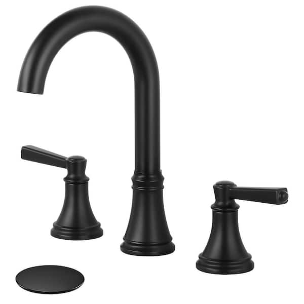 AKLFGN 8 in. Widespread Double-Handle High-Arc Bathroom Faucet with pop drain in Matte Black