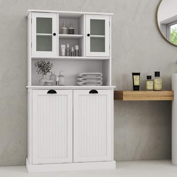 32 in. W x 15 in. D x 60 in. H White Linen Cabinet, 2-Compartment Tilt-Out Dirty Laundry Basket Tall Bathroom