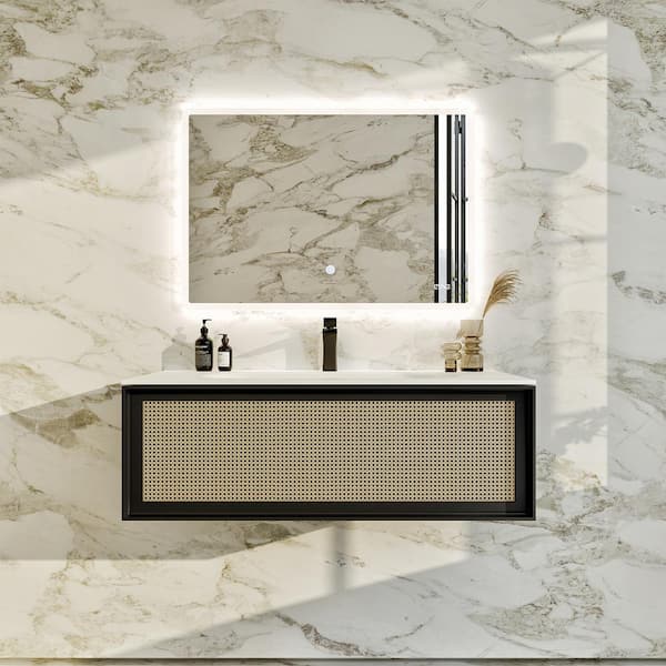 Nets 32 in. Single Sink Floating Natural Oak/Black Bath Vanity with White Solid Surface Top (Assembled)