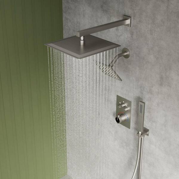 Thermostatic 7-Spray 12 and 6 in. Wall Mount Shower System with Hand Shower 2.5 GPM in Brushed Nickel(Valve Included)