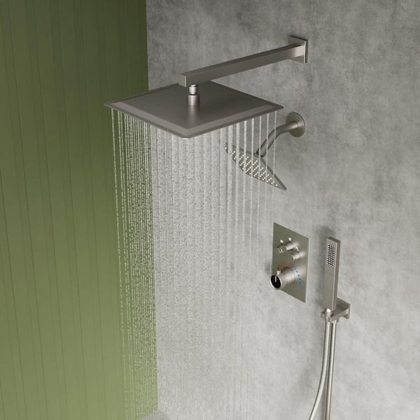 YAWWALK Thermostatic 7-Spray 12 and 6 in. Wall Mount Shower System with Hand Shower 2.5 GPM in Brushed Nickel(Valve Included)