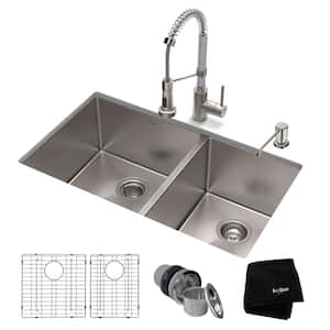 Standart PRO 33 in. Undermount Double Bowl 16 Gauge Stainless Steel Kitchen Sink with Faucet in Stainless Steel Chrome