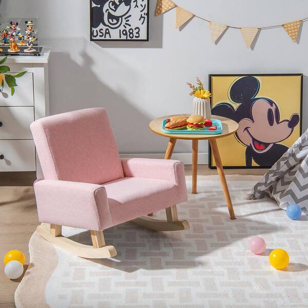 Legs Pink Kids Rocking Chair Children Armchair Linen Upholstered Sofa With Solid Wood