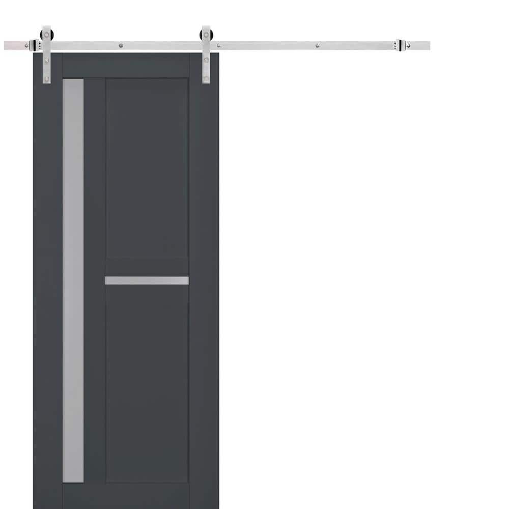 Assembly Required 18 in. x 96 in. 1-Panel Frosted Glass Antracite Solid Wood Sliding Barn Door with Hardware Kit price history on PriceWatchPro