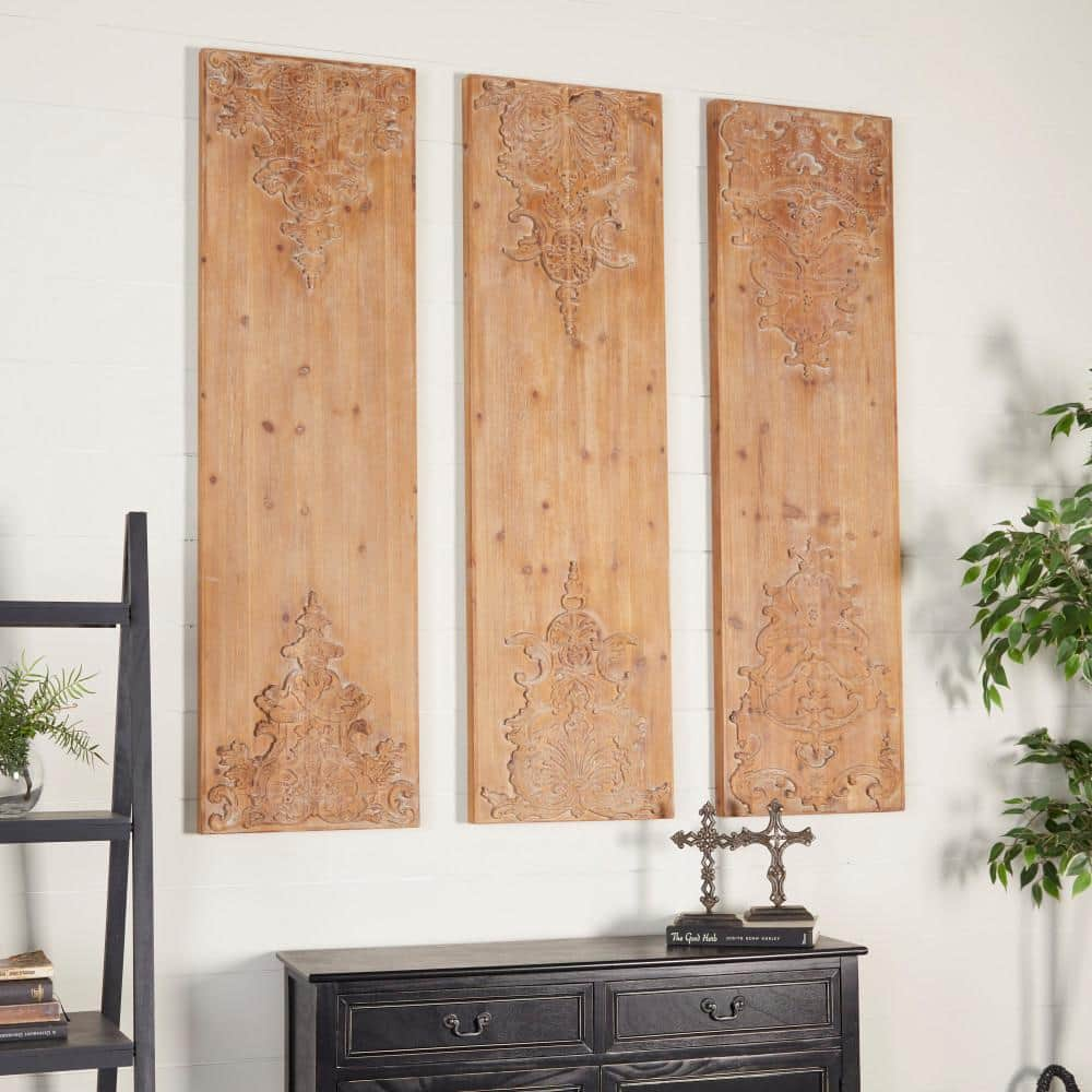 Litton Lane Wood Brown Carved Antefix Floral Wall Decor (Set of 3 ...