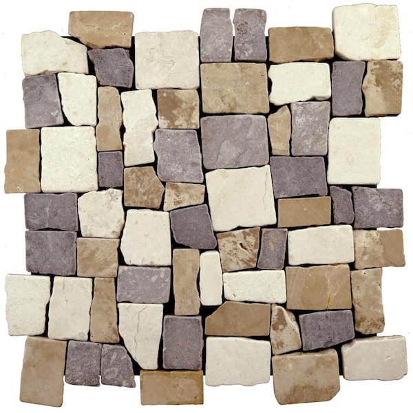 TILE CONNECTION Block Tile Tan/White/ Grey 11 in. x 11 in. x 9.5mm Indonesian Marble Mosaic Tile (9.28 sq. ft. / case)