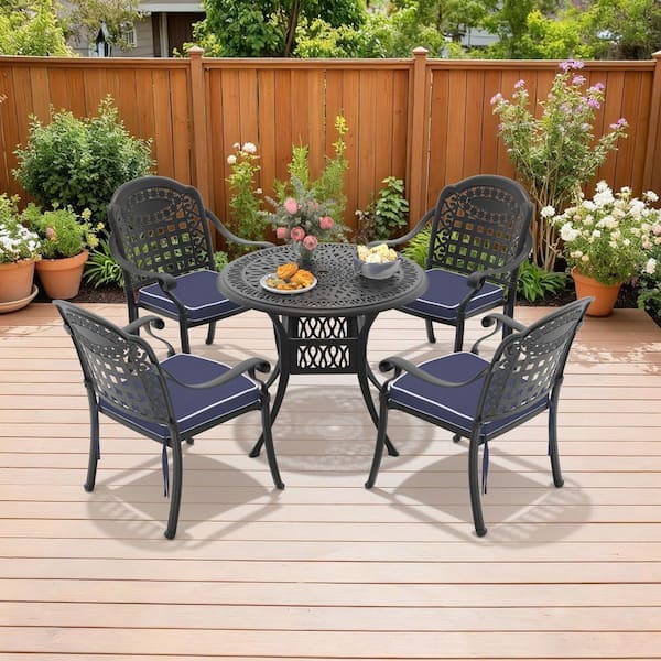 Vintage Black 5-Piece Cast Aluminum Outdoor Dining Set, 35.43 in. Round Table and 4 Patio Chairs with Blue Cushions